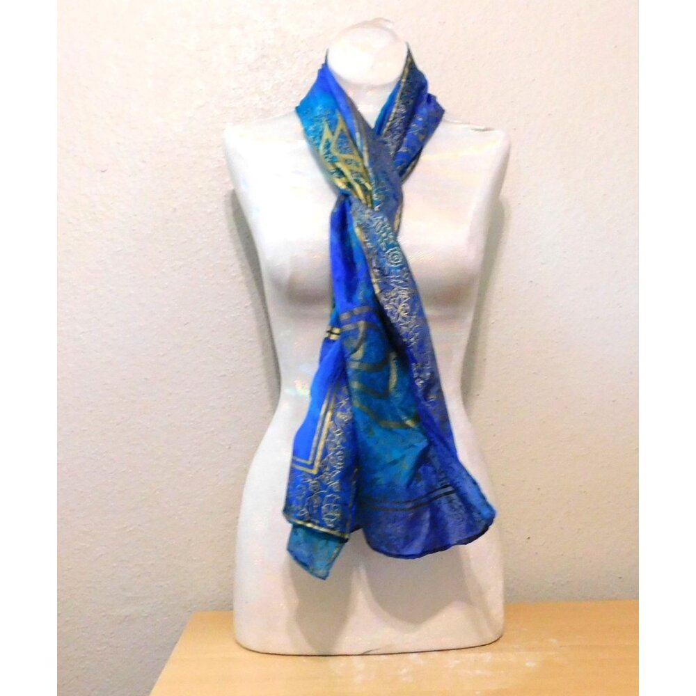 Silk Wrap Made In Bursa 16" X 53" Rectangular Scarf Blue Gold Pattern Design - Picture 2 of 7